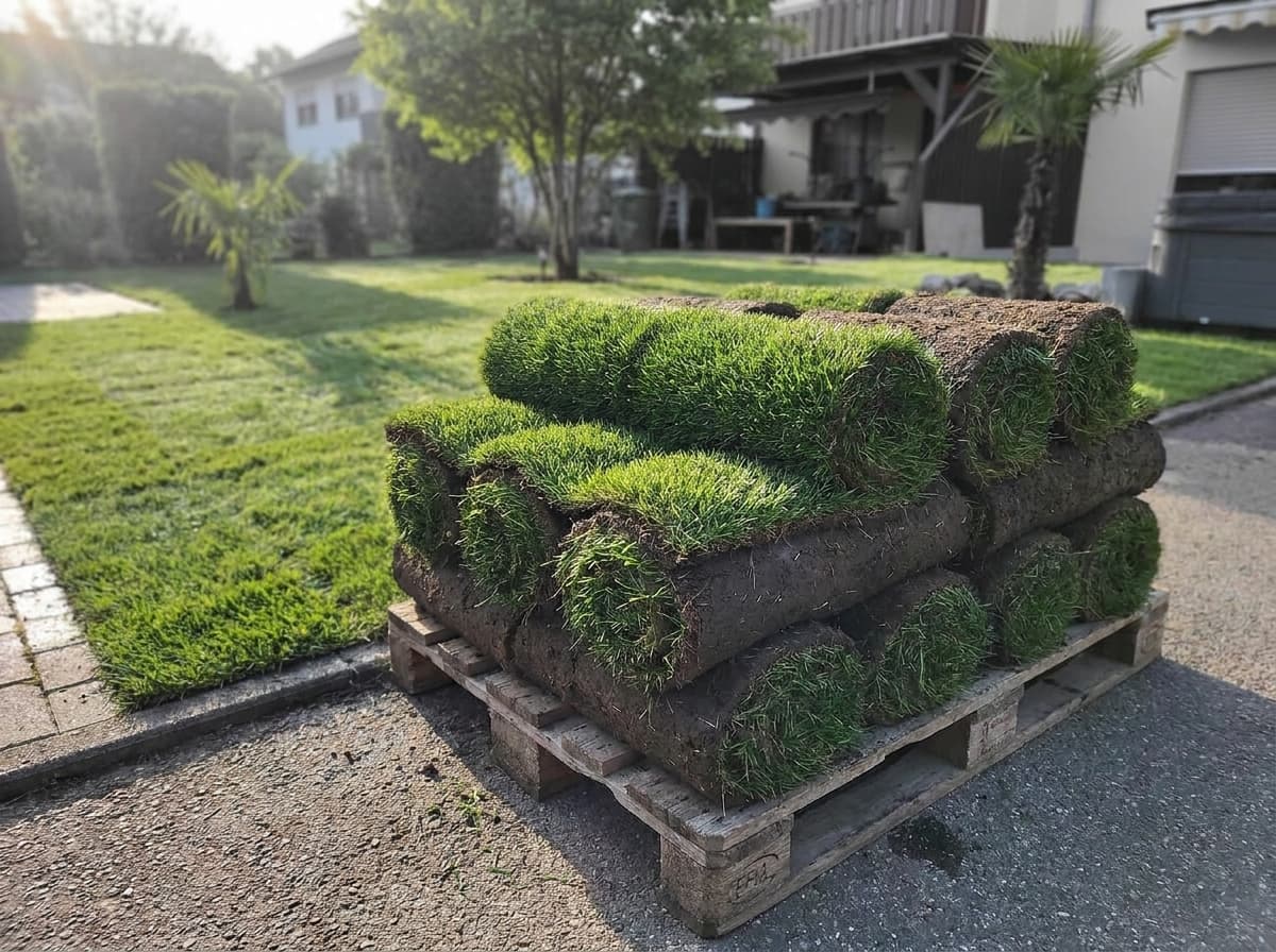 Frisch geschälte Rollrasen-Bahnen auf einer Palette