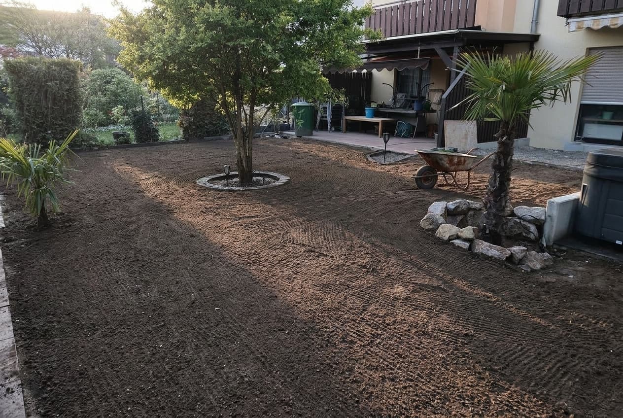 Vorbereiteter, kahler Gartenboden vor dem Verlegen